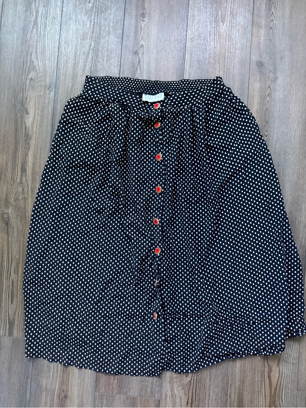 Vintage Retro Black Polka Dot Midi Skirt with Red Button Detail